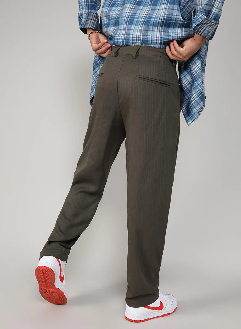 Campus Sutra  Men's Olive Green Tailored Linen-Blend Trousers For Casual Wear | Tailored Fit | 4 Pockets | Drawstring Closure | Trousers Crafted With Comfort Fit For Everyday Wear for Men | Best Price UAE